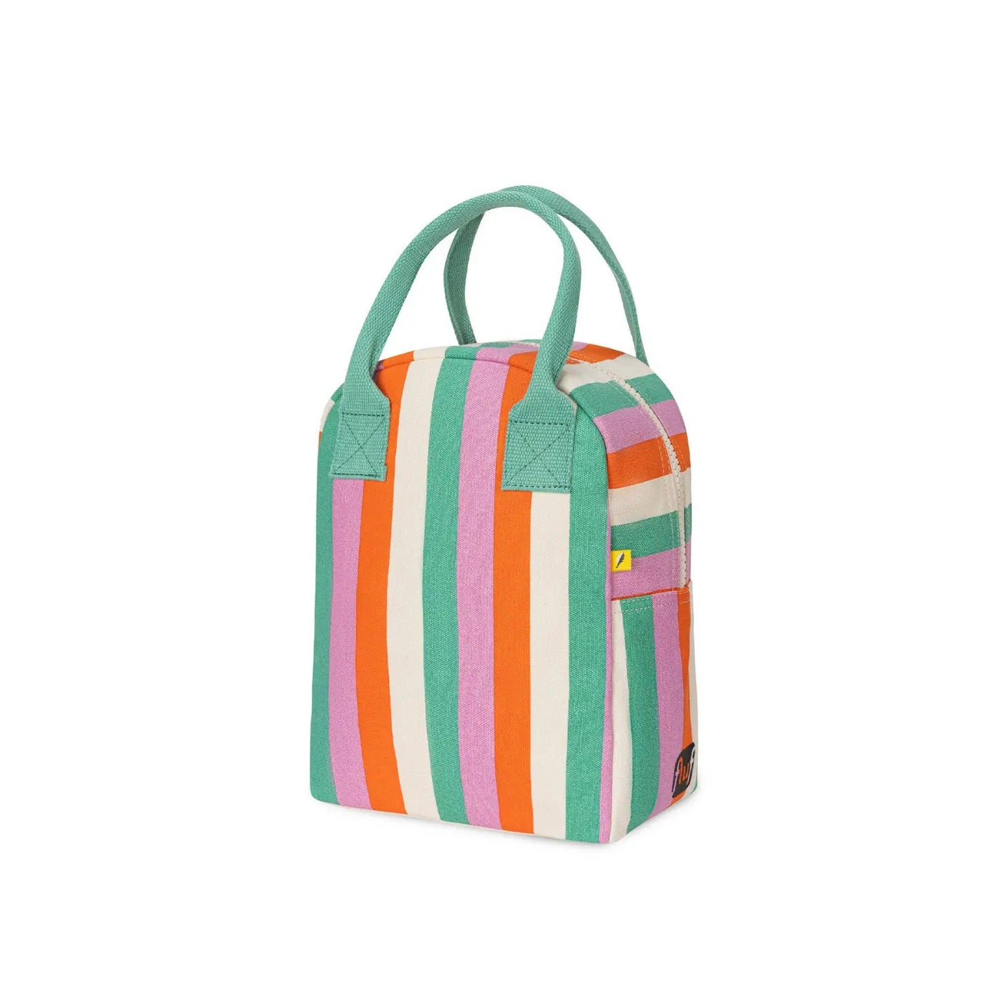 Three Stripe Fluf zipper lunch bag with tall flexible shape and carry handles