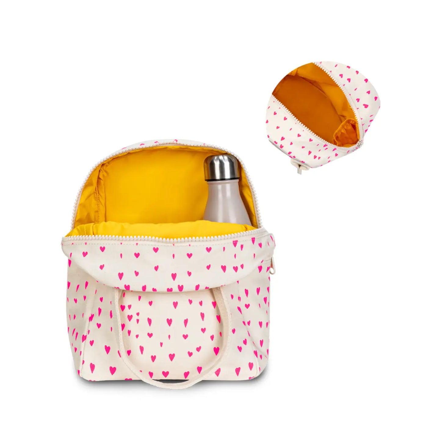 Open Fluf Tiny Hearts lunch bag showing food-safe lining and interior bottle pocket