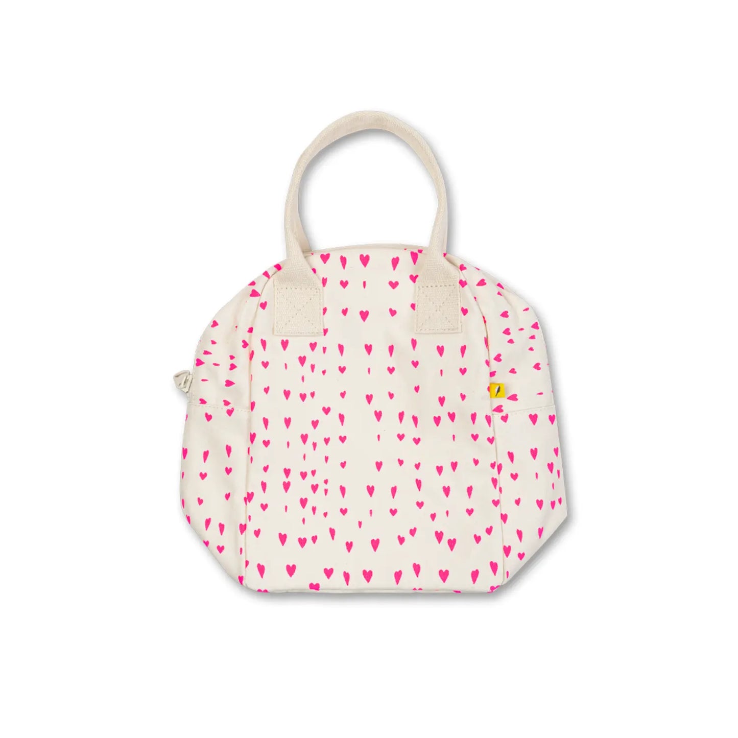 Folded down flattened view of Fluf Tiny Hearts organic cotton lunch bag