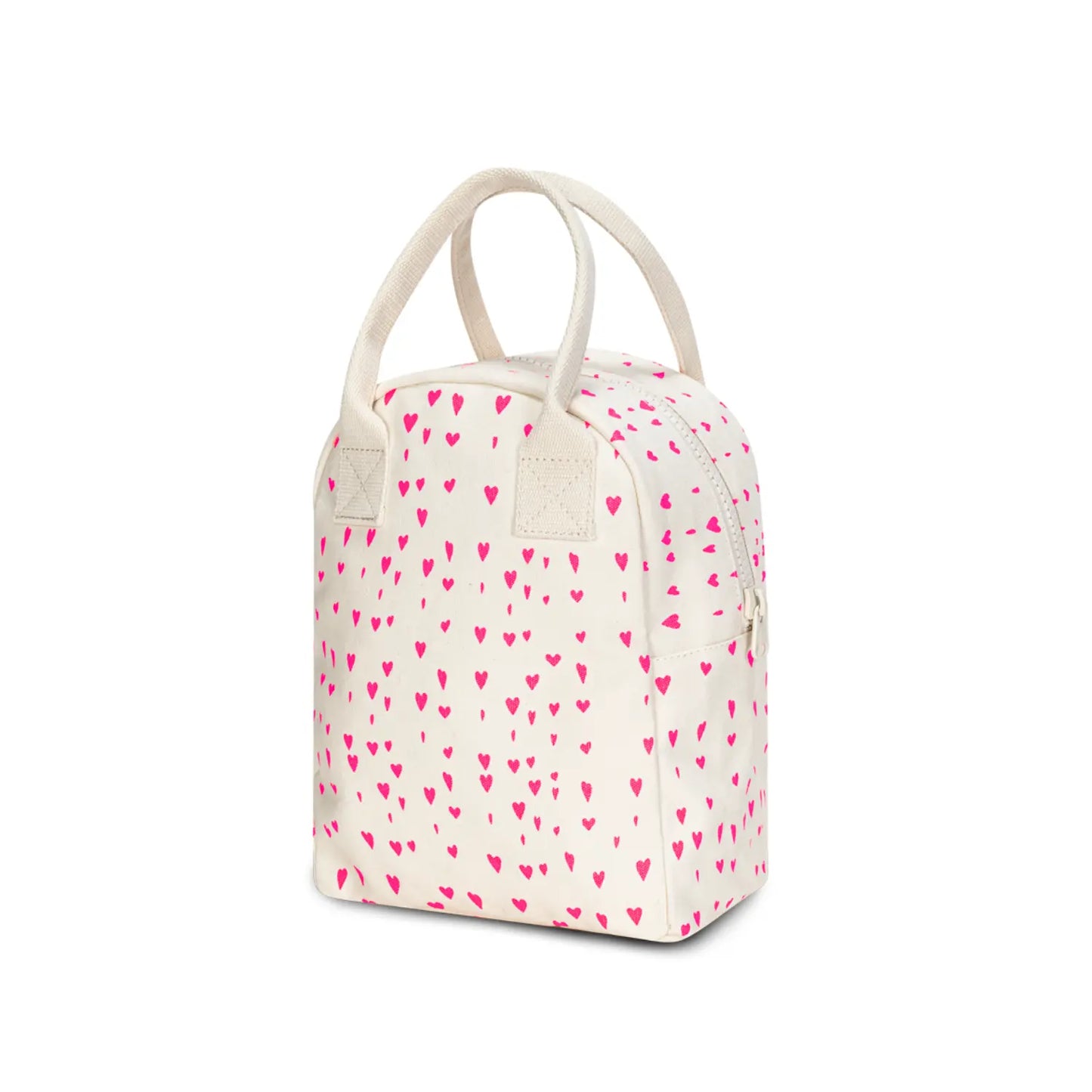 Tiny Hearts organic cotton zipper lunch bag with cream handles and pink heart print