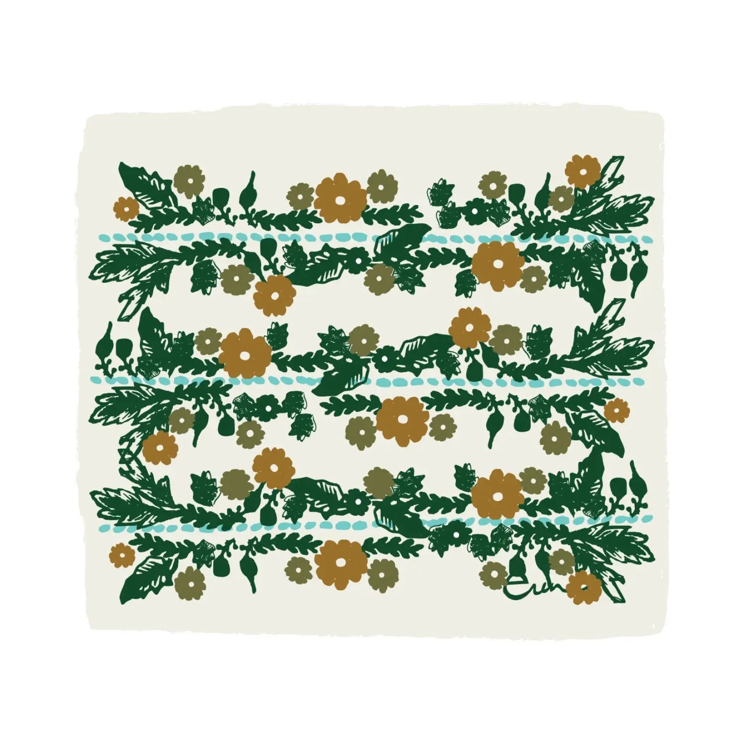 Folklore hand-screened cotton pencil bag fabric swatch by Erin Flett with green, ochre, blue, and olive botanical print