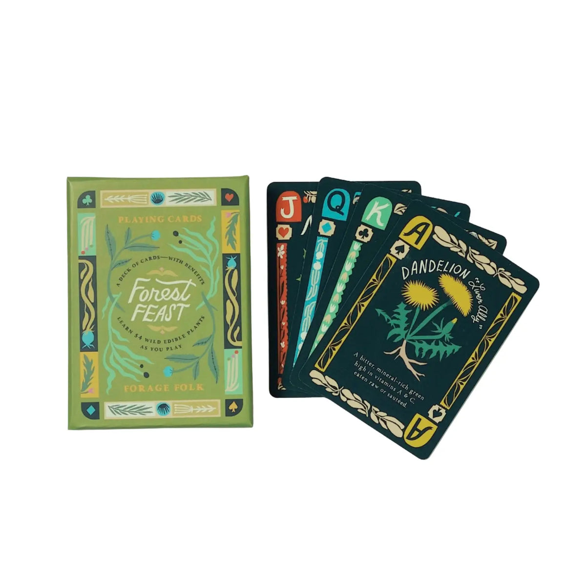Forest Feast playing card box beside four fanned cards, with the illustrated Dandelion card on top.