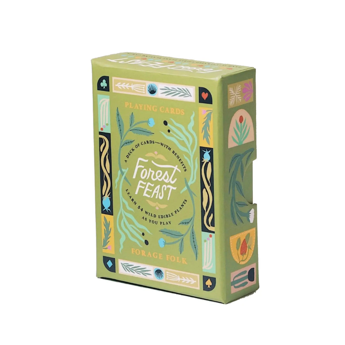 Forest Feast playing card box showing botanical artwork on the front and side.