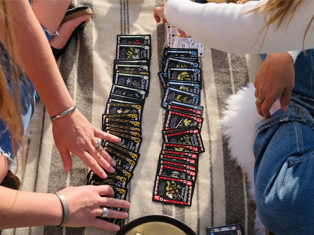 Several people sitting outdoors on a striped blanket arranging and sorting a deck of forage folk nature cards