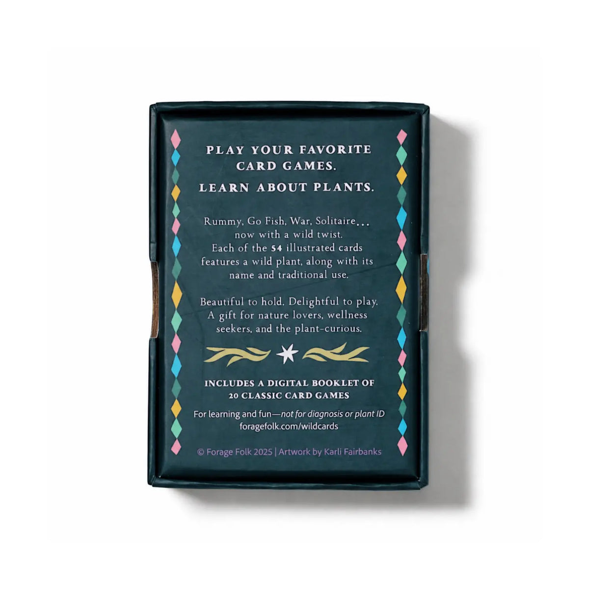 Back of the Wild Remedies box describing 54 illustrated plant cards and a digital booklet of 20 card games.