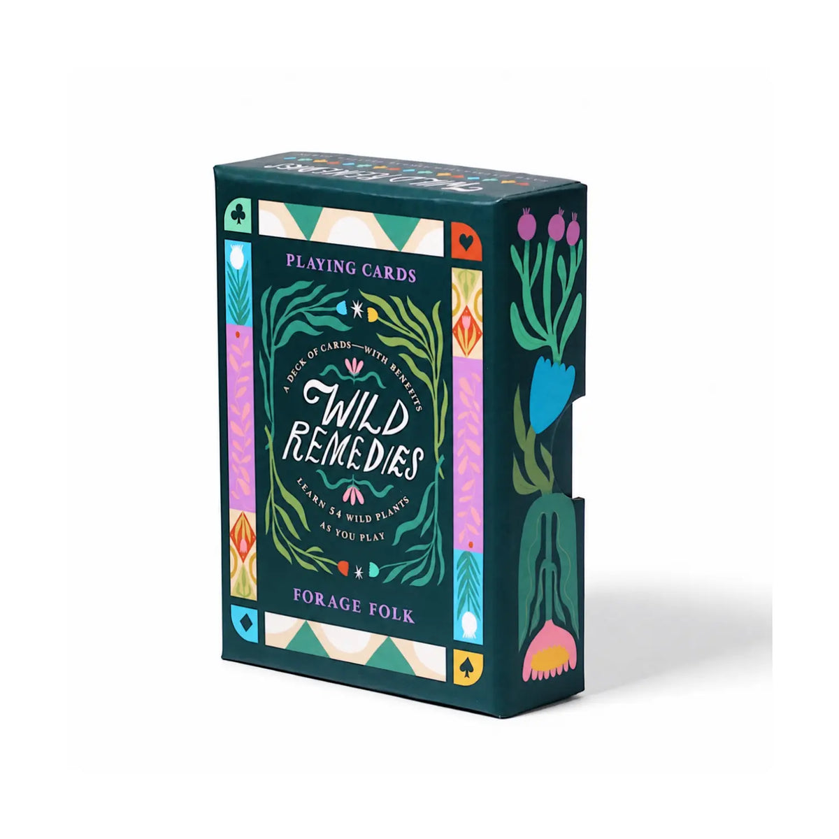 Wild Remedies playing card box showing botanical artwork on the front and side.