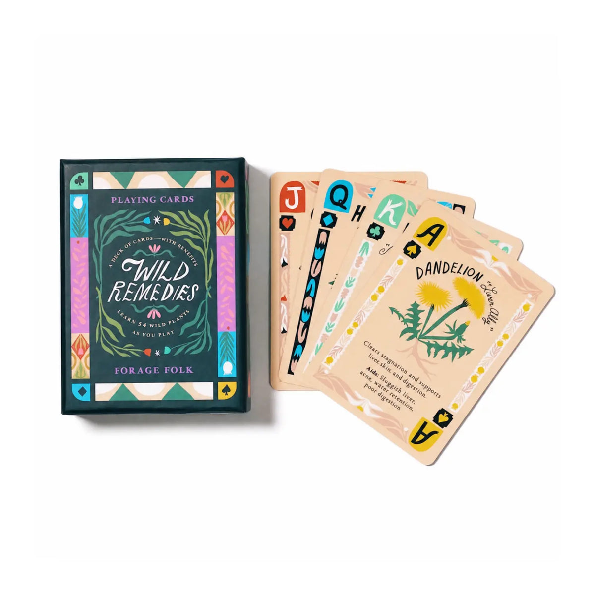 Standing Wild Remedies box next to fanned botanical card and a face-up Burdock card.