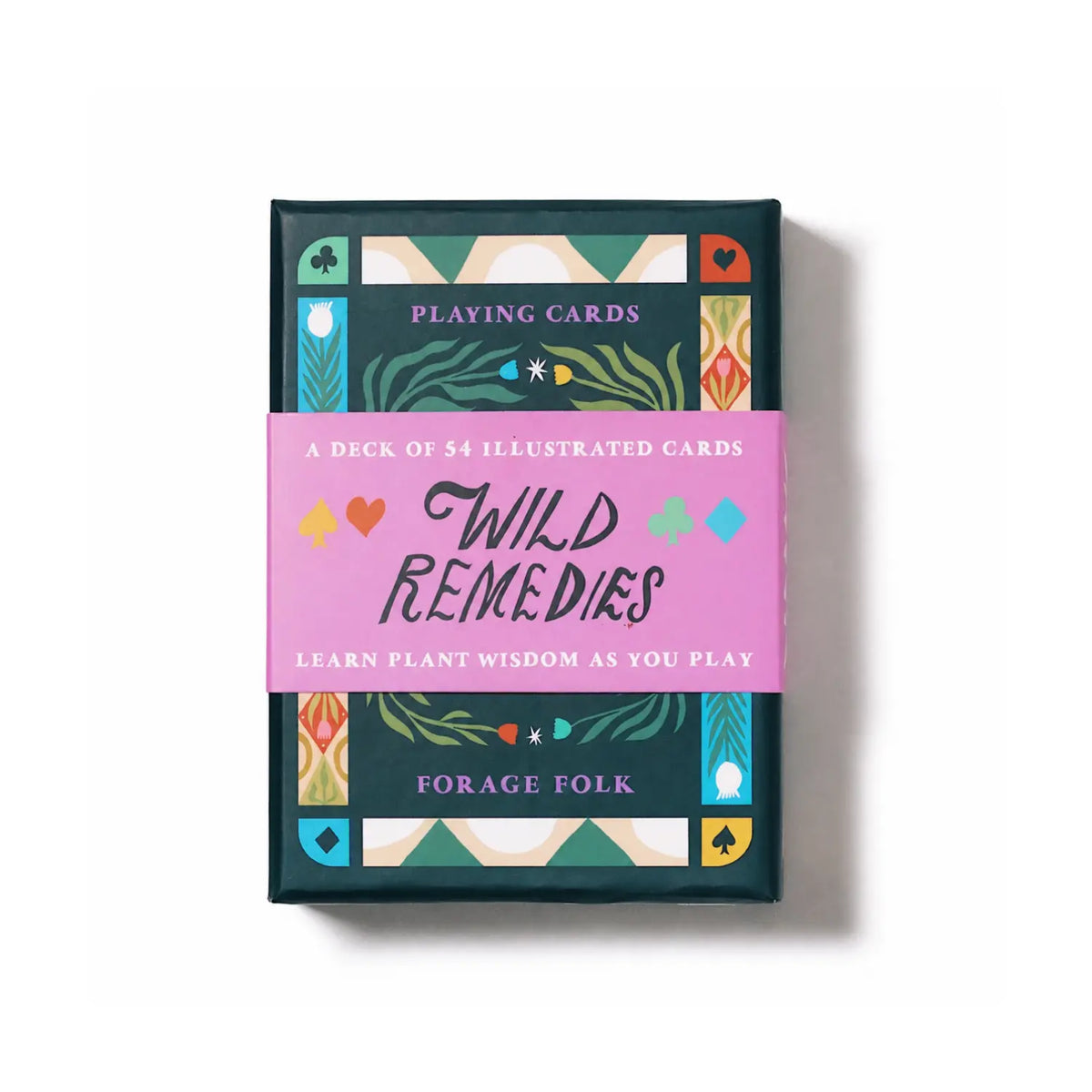 Forage Folk Wild Remedies playing card box with a pink band and colorful botanical illustrations.