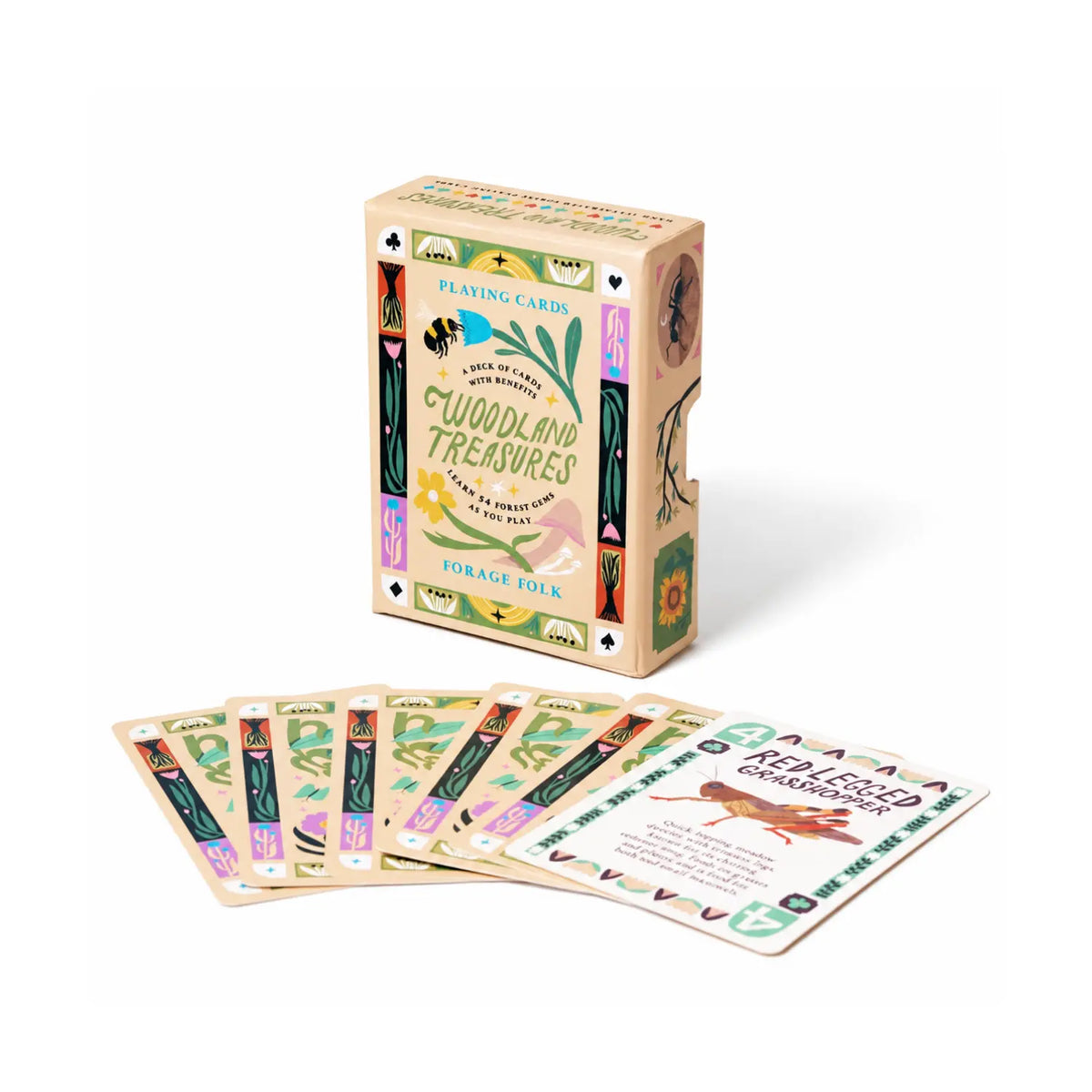Forage Folk Woodland Treasures playing cards with a grasshopper card
