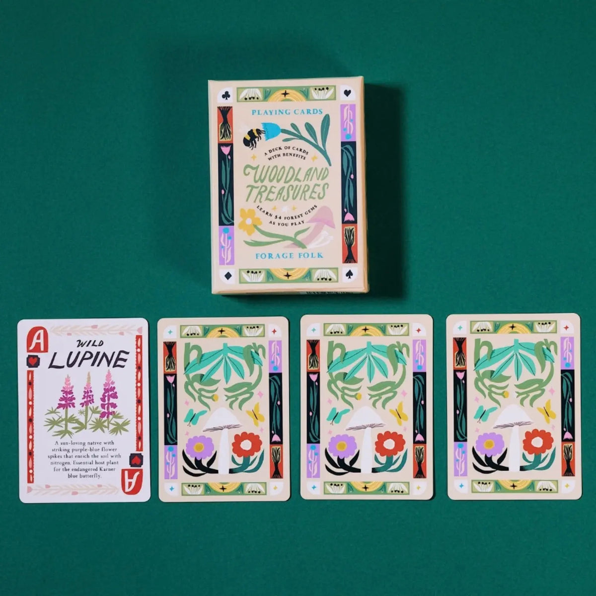 Woodland Treasures Cards showing botanical art on backs and a wild lupine card