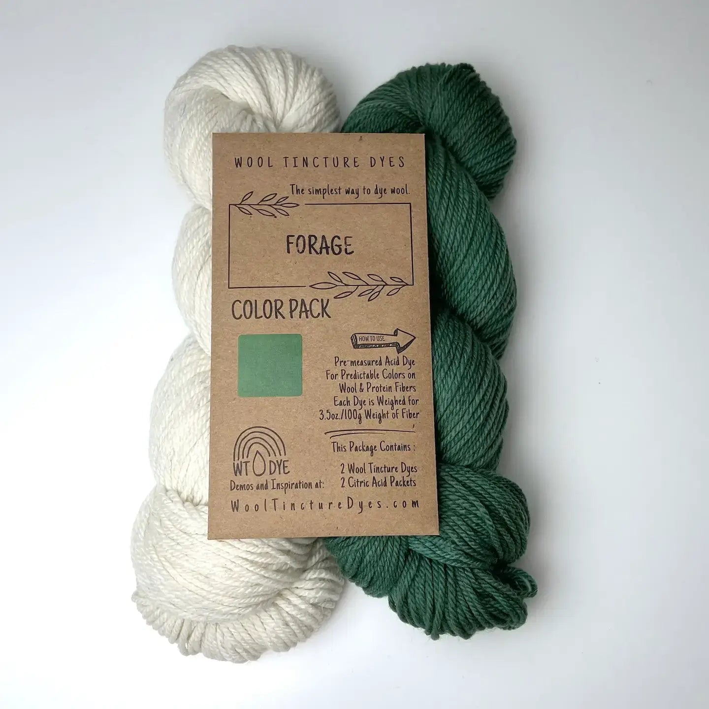 Forage Wool Tincture tea bag dye color pack with undyed yarn and forest green sample color.