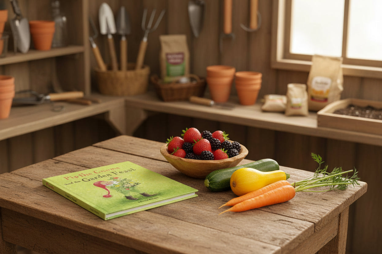 pip the gnome book on a potting shed table with carrots, squash, and berries