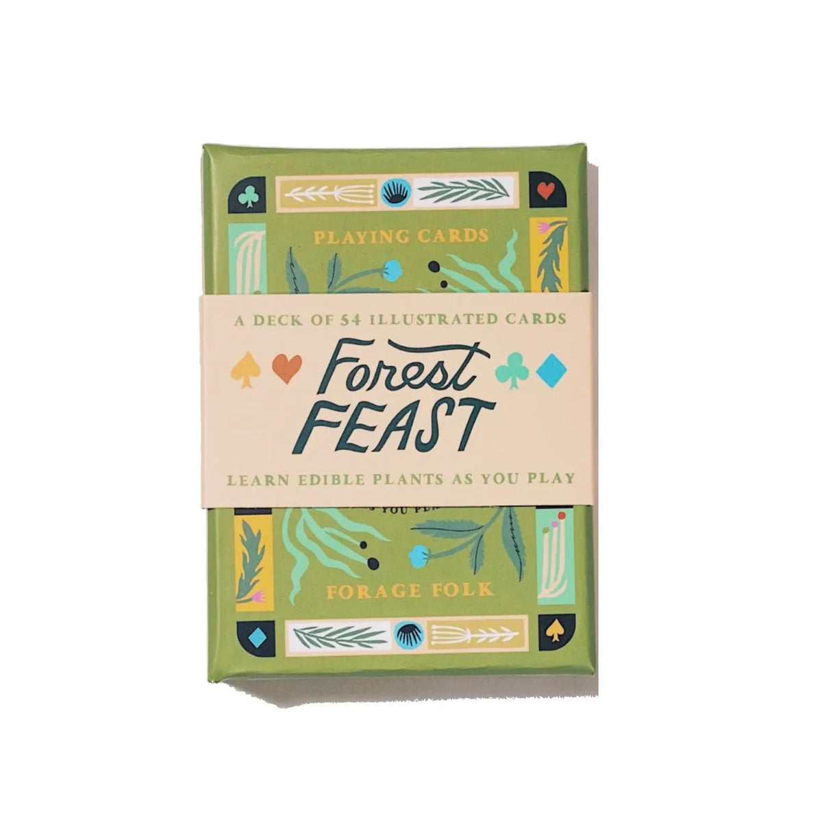 Forage Folk Forest Feast playing card box with a band and colorful botanical illustrations.