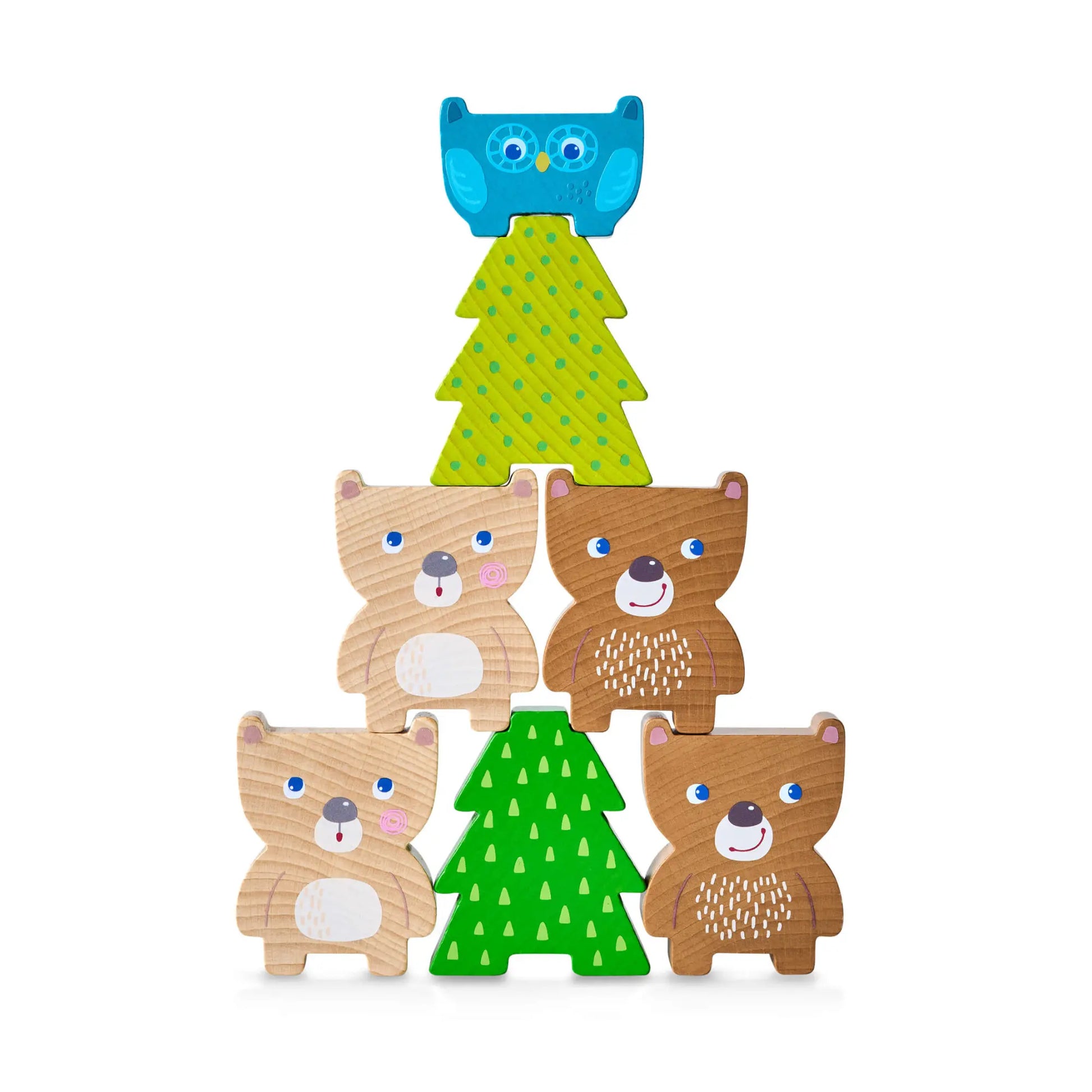 Wooden toy set with bears, trees, and an owl on a white background