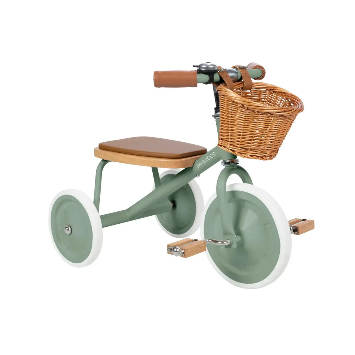 Forest green Banwood tricycle with wicker basket at an angle on white background