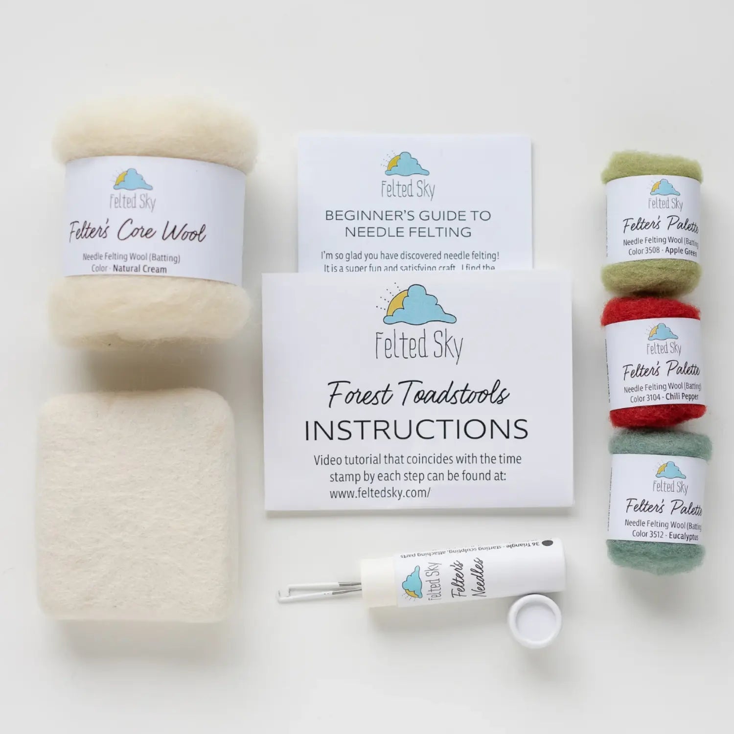Forest Toadstools needle felting kit contents with wool needles mat and instructions