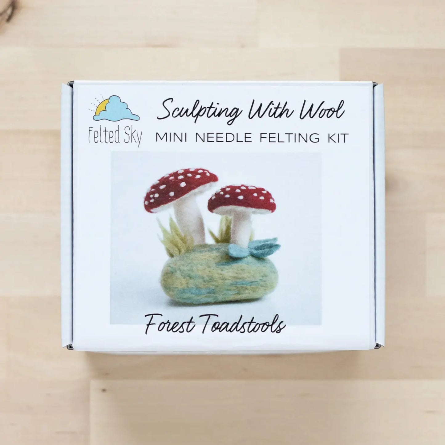 Forest Toadstools Mini Needle Felting Kit instruction booklet and packaged project materials
