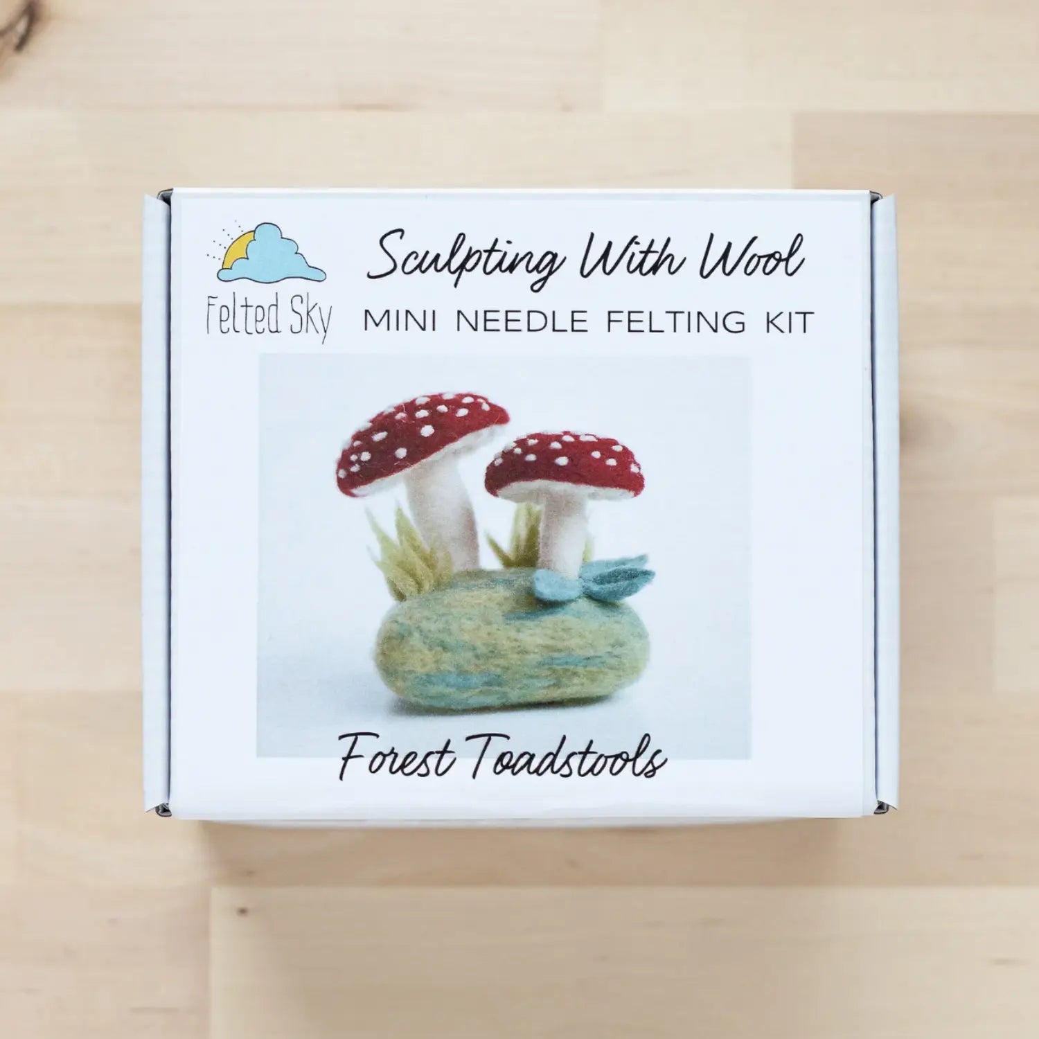 Forest Toadstools Mini Needle Felting Kit instruction booklet and packaged project materials