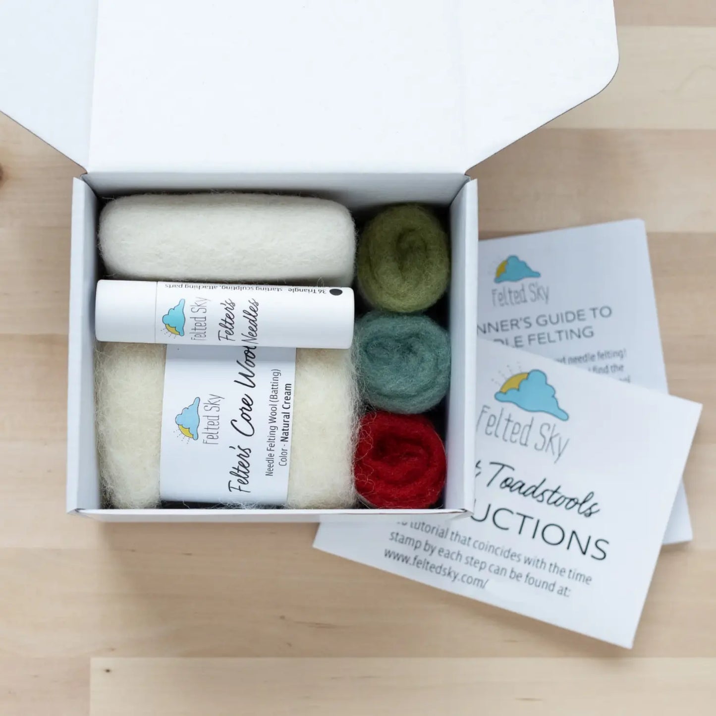 Open Forest Toadstools Mini Needle Felting Kit box showing included wool and supplies