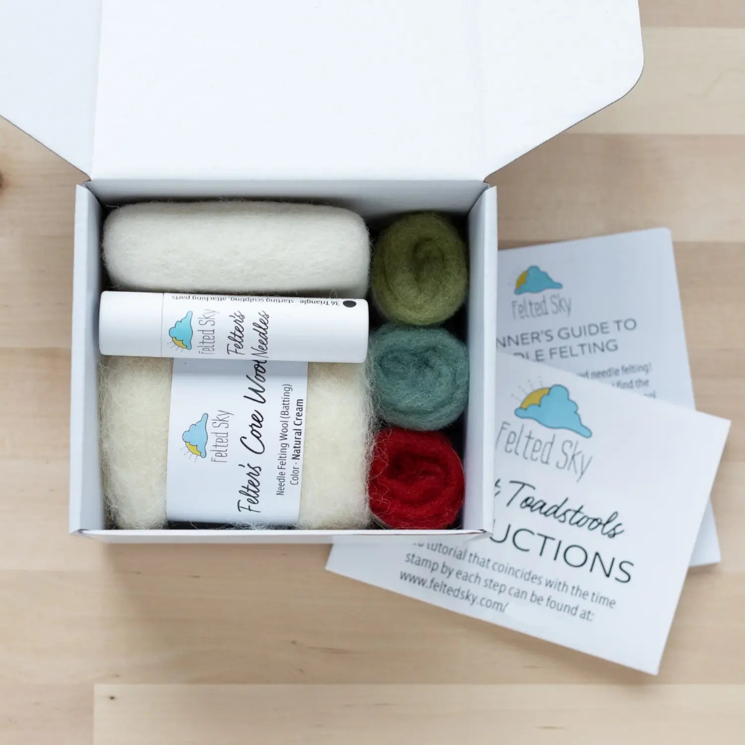 Open Forest Toadstools Mini Needle Felting Kit box showing included wool and supplies