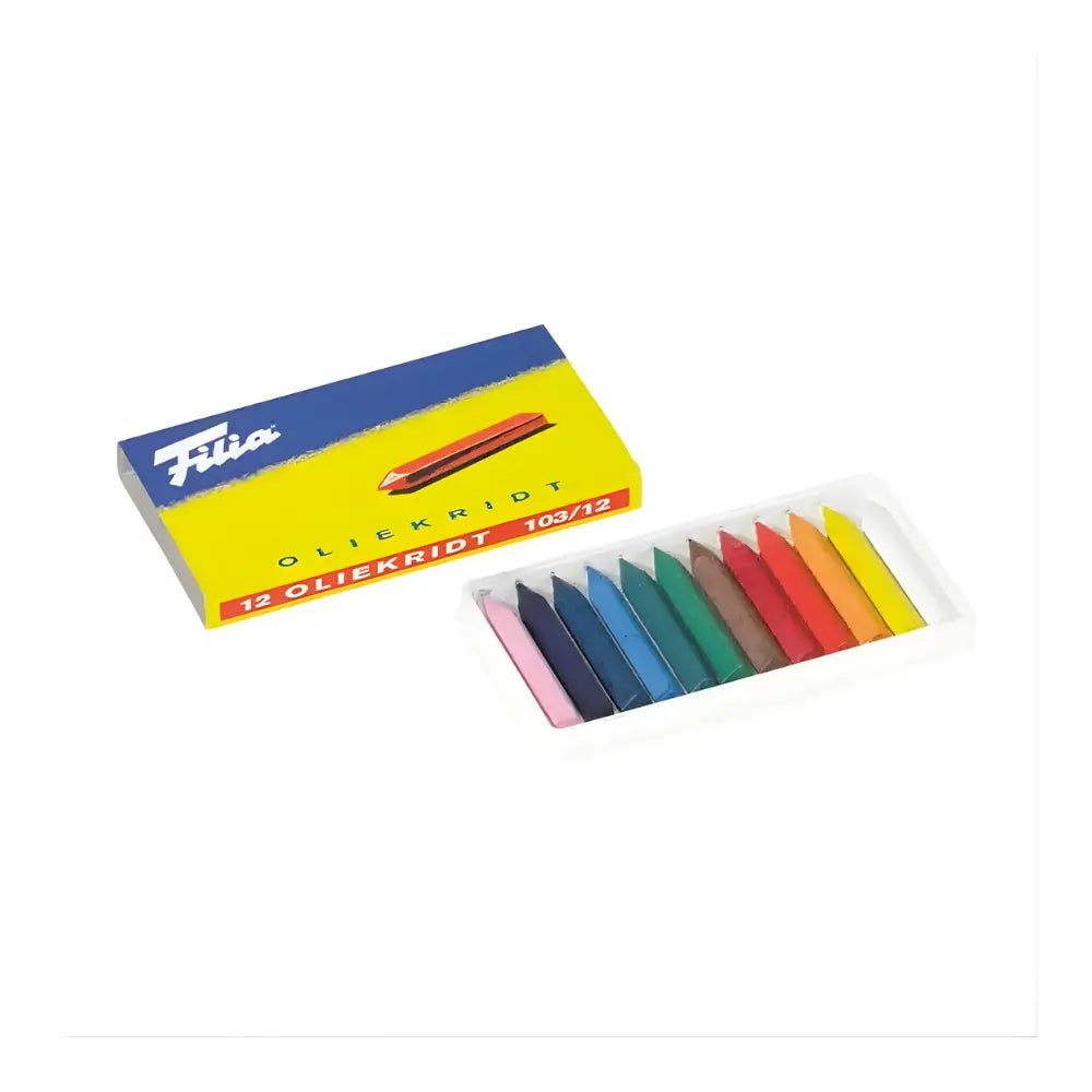 Box of Filla hard oil crayons with colorful pastels inside on a white background