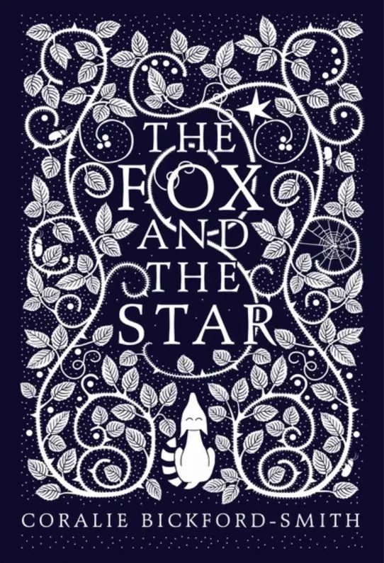 Book cover of 'The Fox and the Star' with decorative white elements on a dark background