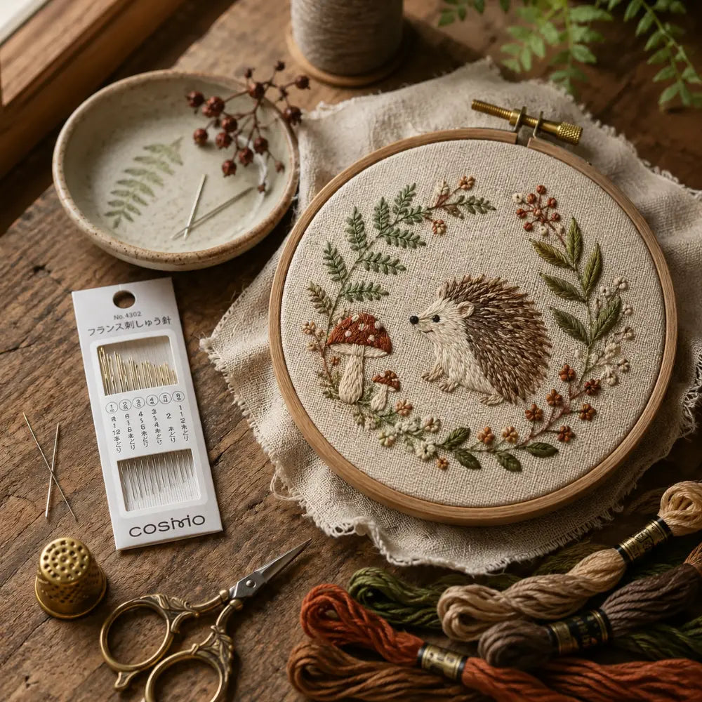 Free Stitch embroidery needles with a hedgehog woodland embroidery project and hand sewing notions on a rustic table