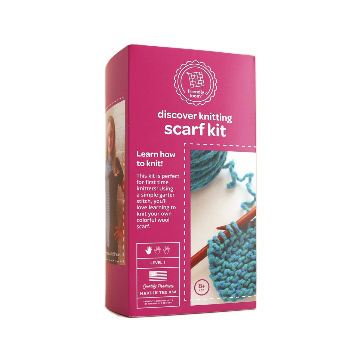 Friendly Loom Discover Knitting Scarf Kit box, a Level 1 beginner knitting kit for ages 8+, made in the USA