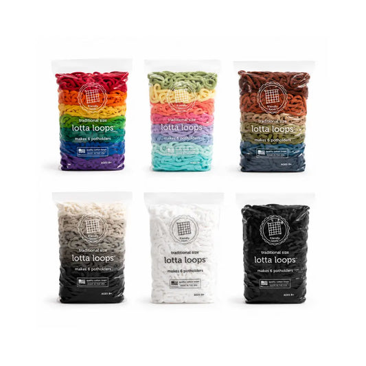 Friendly Loom Lotta Loops traditional size cotton potholder loom refill loops shown in multiple color options including rainbow, botanical, earth tones, neutrals, white, and black