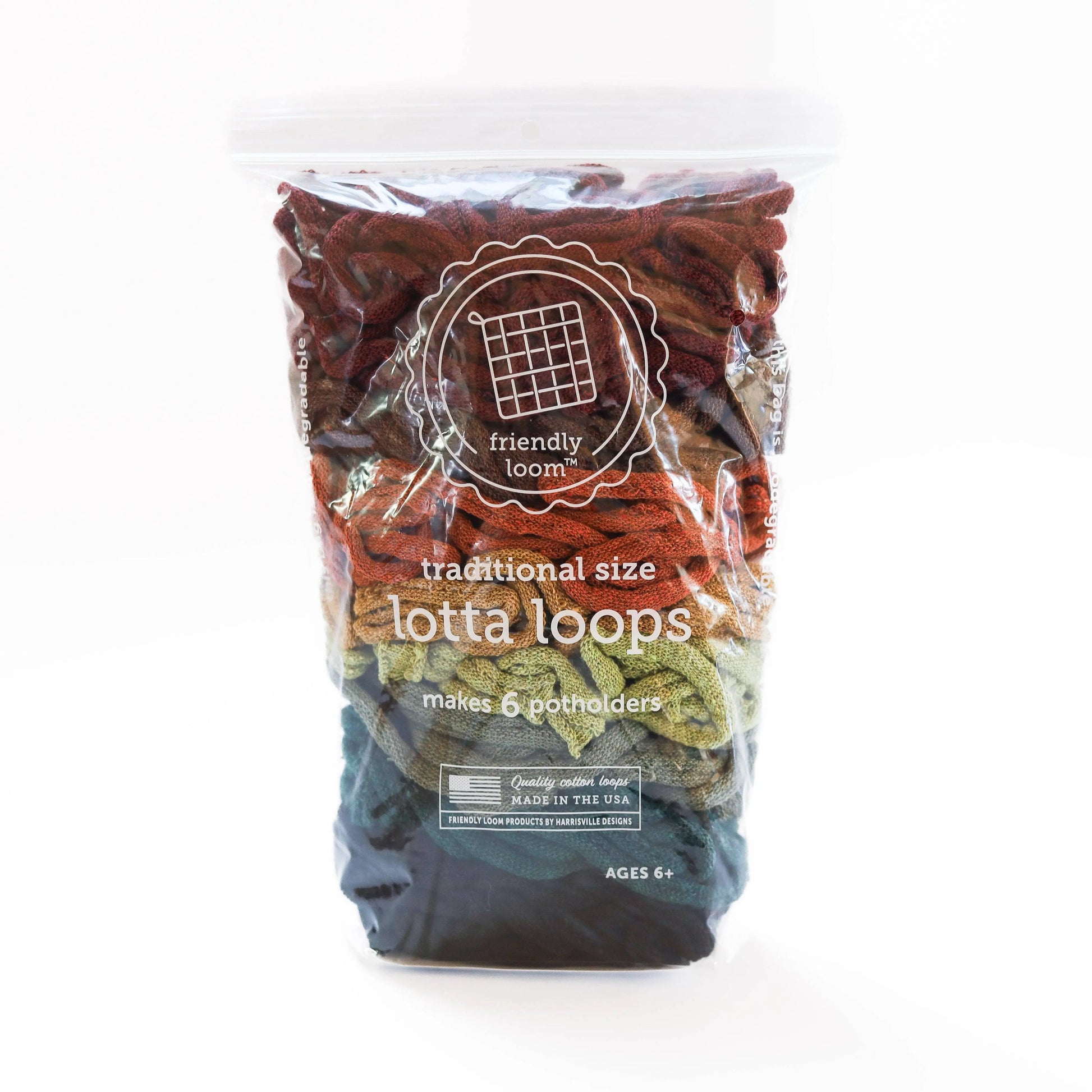 Friendly Loom traditional size Lotta Loops cotton refill loops in earthy brown, green, blue, and neutral tones