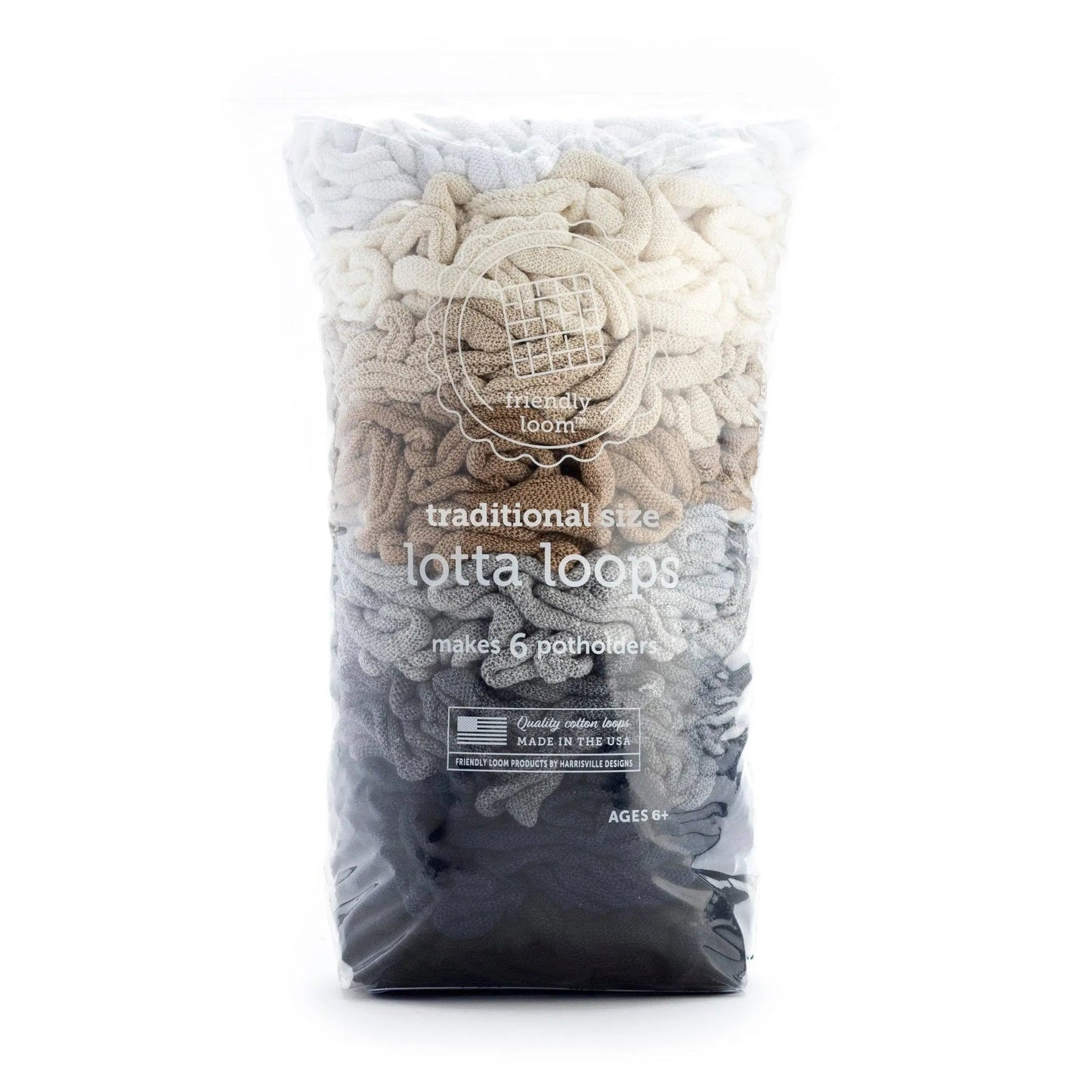 Friendly Loom traditional size Lotta Loops cotton potholder refill loops in white, cream, gray, and black