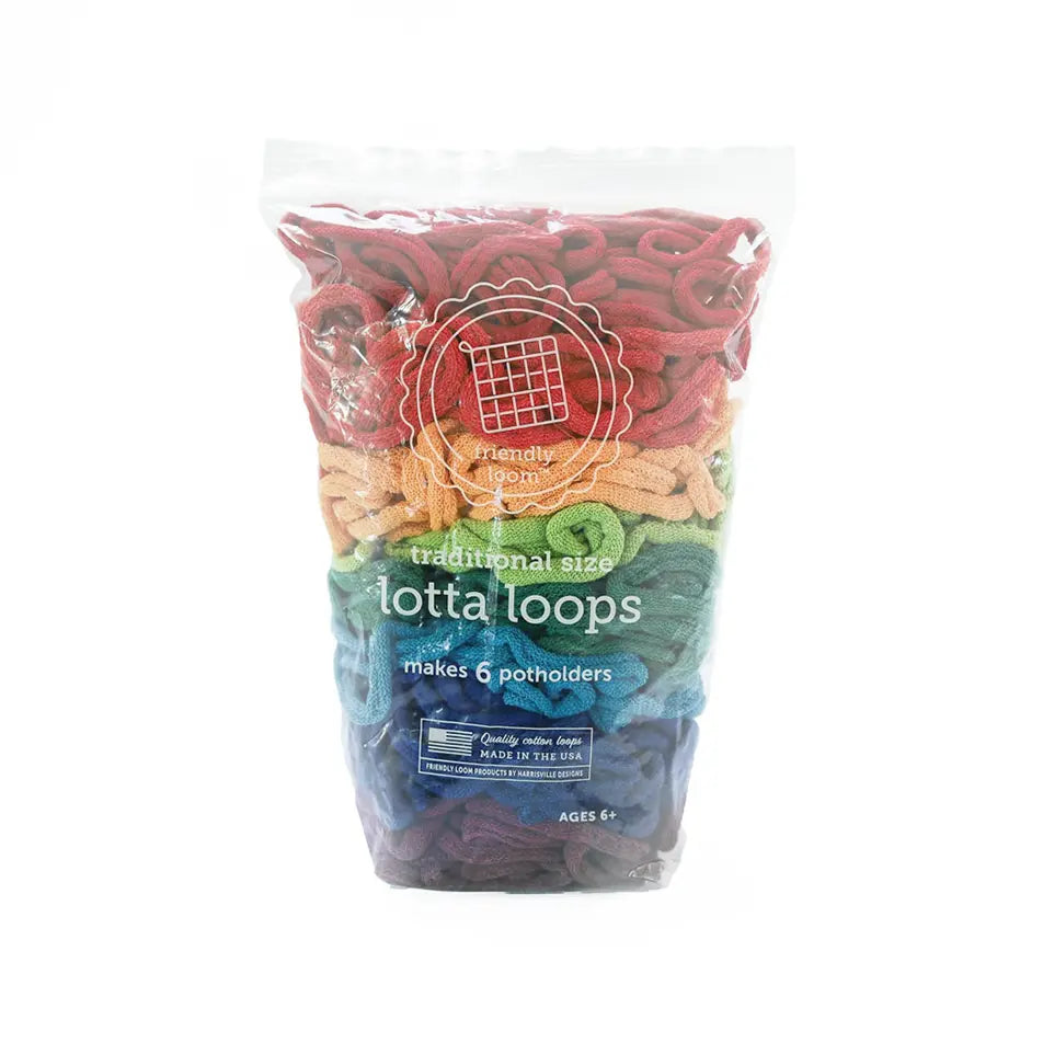 Friendly Loom Lotta Loops traditional size cotton refill loops in assorted rainbow colors for 7 inch potholder looms