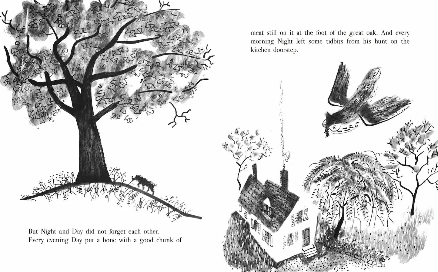 illustration of a dog under a tree during day and an owl flying over a house at night