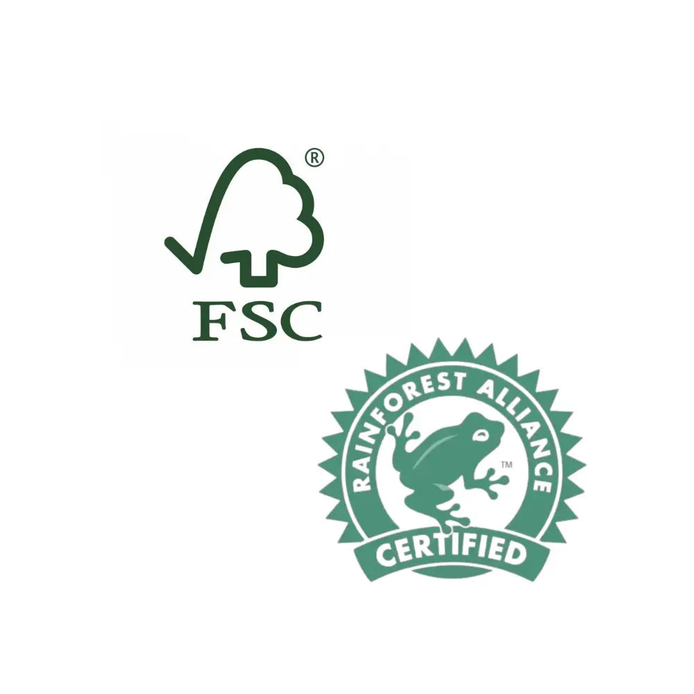 FSC and Rainforest Alliance certification logos on a white background