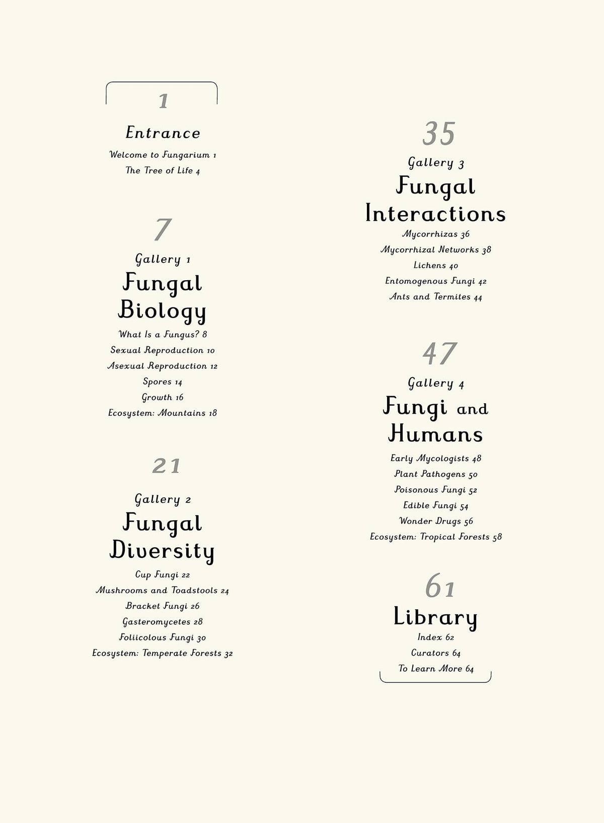 Table of contents from Fungarium showing sections on fungal biology, diversity, interactions, and fungi and humans