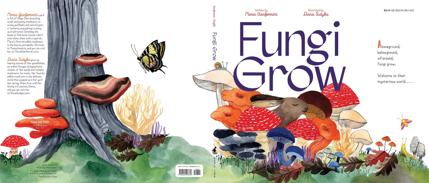 book dustcover of Fungi Grow with many types of mushrooms, a butterfly, and rabbit