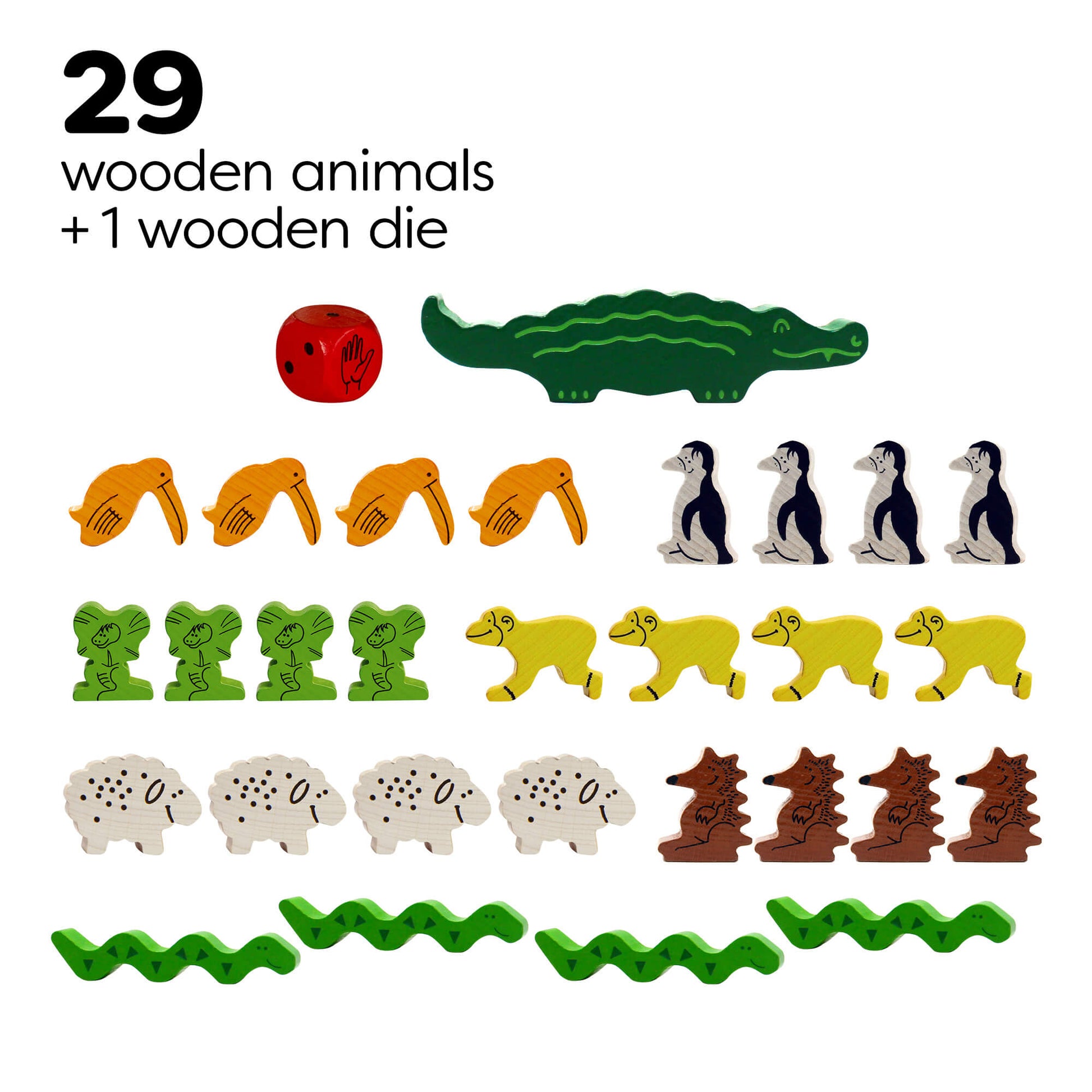 Set of wooden animals and a die on a white background