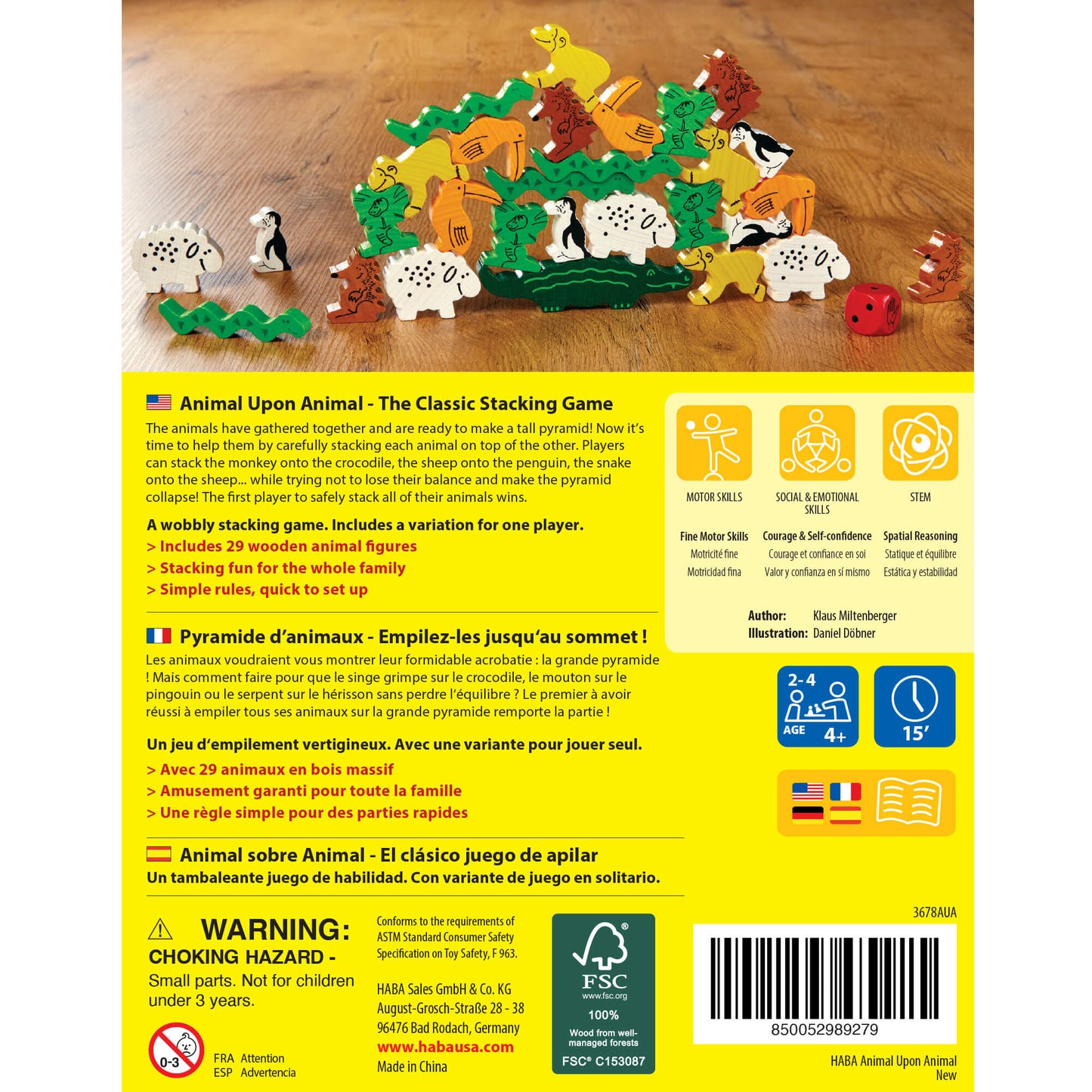 Back of a toy packaging with colorful animal figures and text on a wooden surface