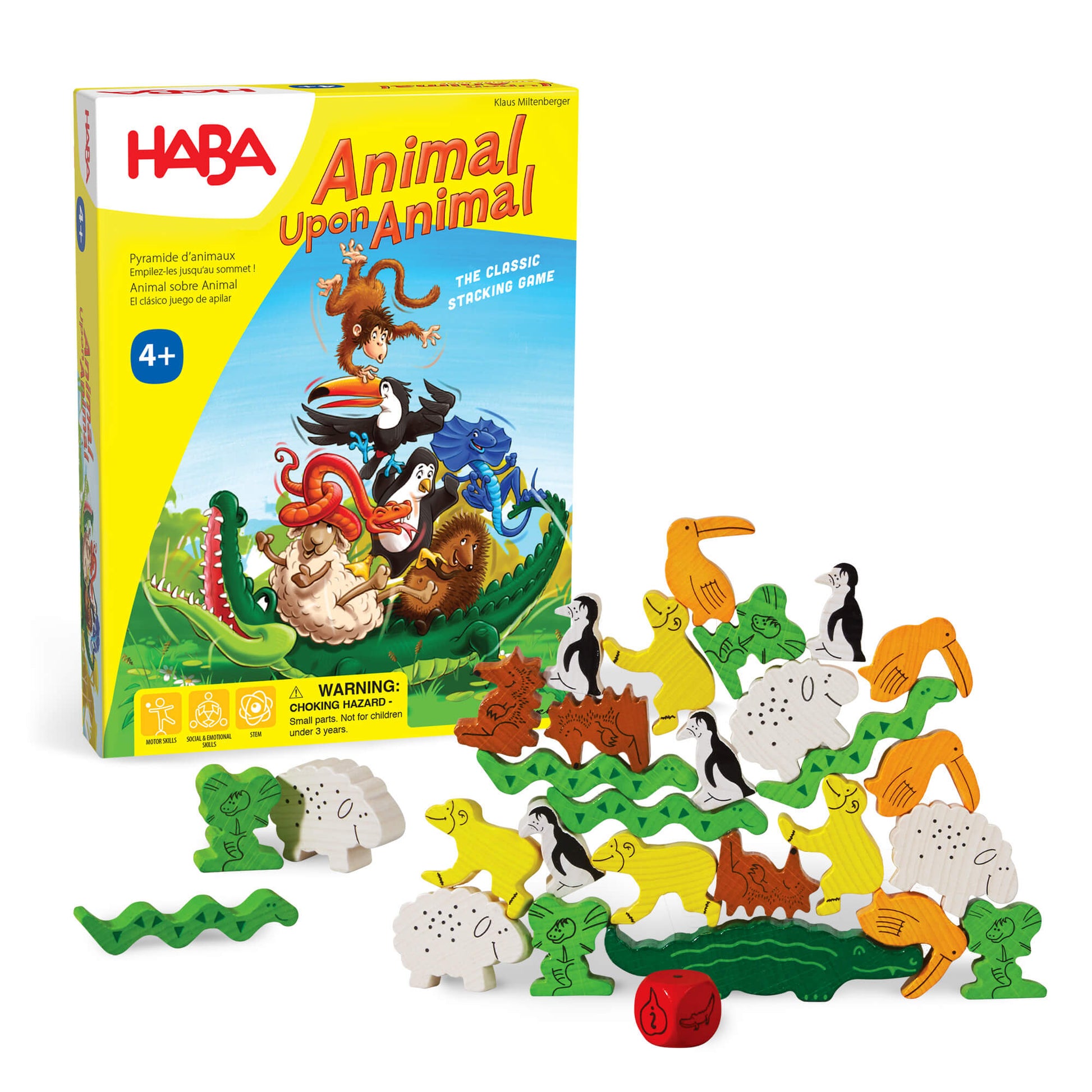 HABA 'Animal Upon Animal' stacking game with colorful animal figures and packaging.
