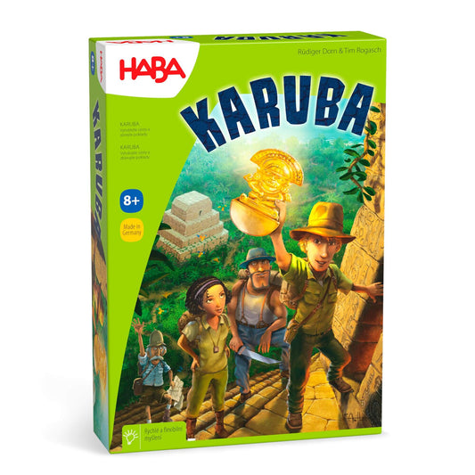 Board game box for 'Karuba' by HABA with characters and a green background