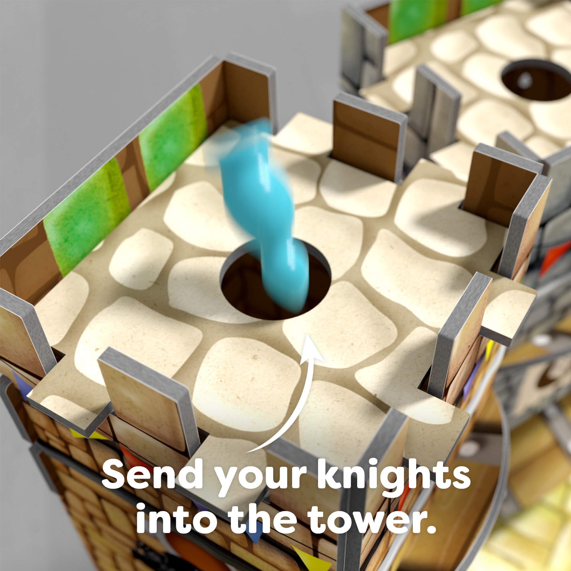 Board game setup with knights and text 'Send your knights into the tower.'