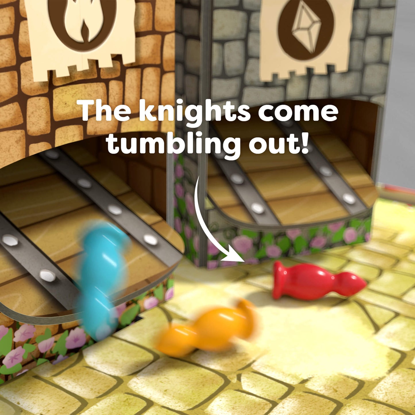 Toy castle with toy knights tumbling out, colorful and playful.