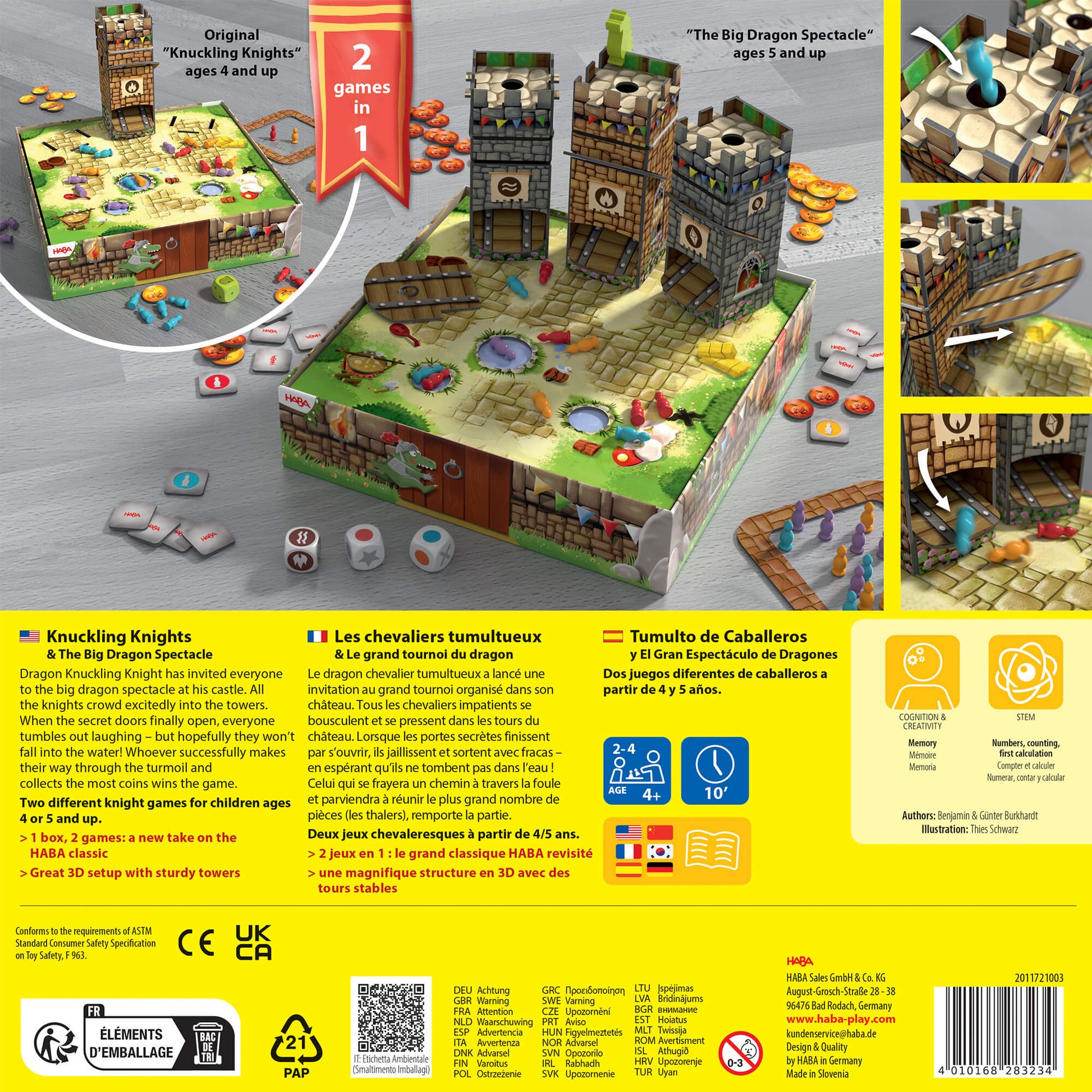 Board game packaging with castle model and game components on a yellow background