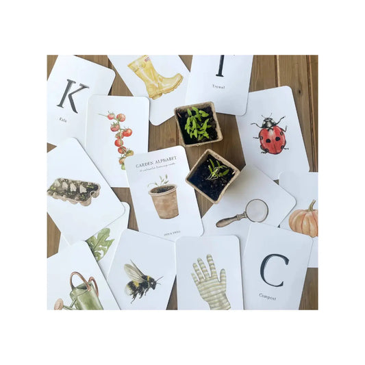 Garden alphabet cards spread showing letters and nature-themed illustrations