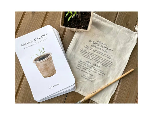 Garden alphabet cards set with watercolor plant illustrations, cotton bag, and pencil
