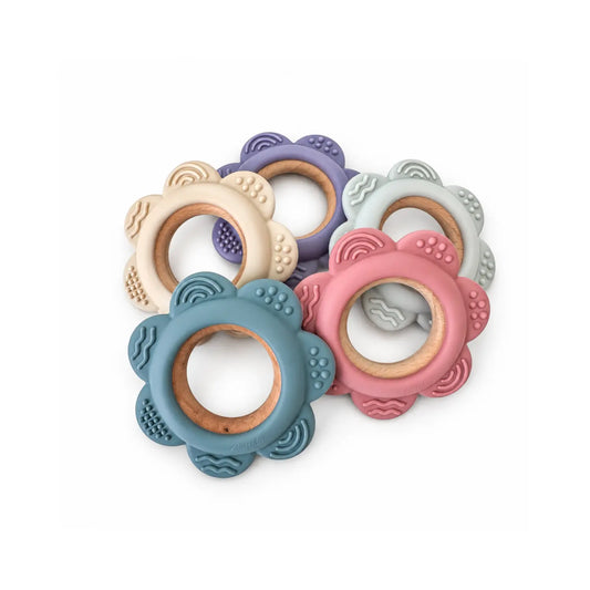 Garden Party silicone and beechwood flower teethers in soft blue, pink, cream, gray, and purple