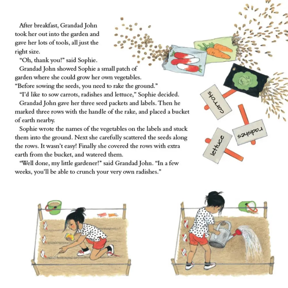 Illustrated children's book page about gardening with a young girl and Grandad John.