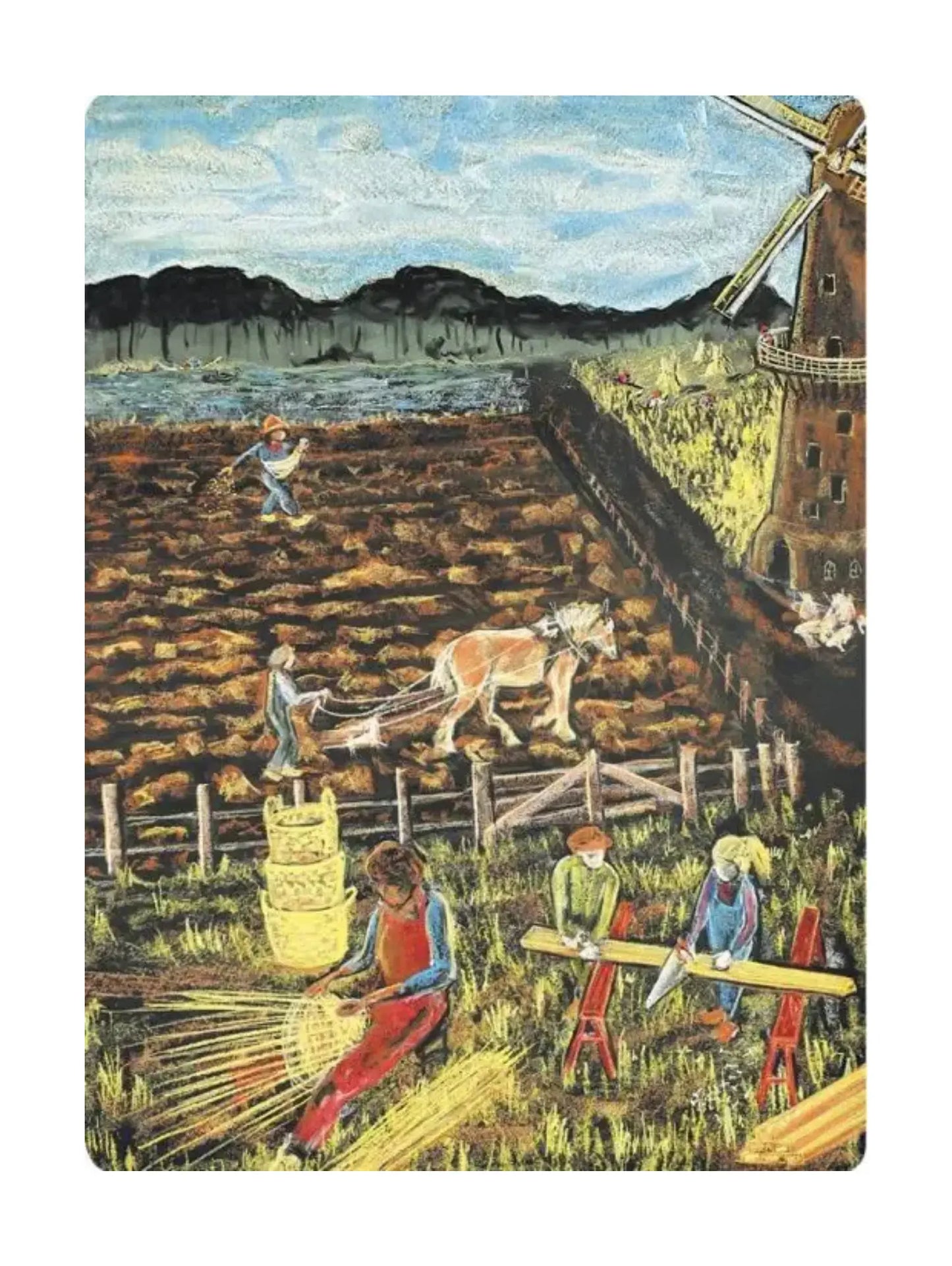 Painting of a rural scene with people working in a field and a windmill in the background.