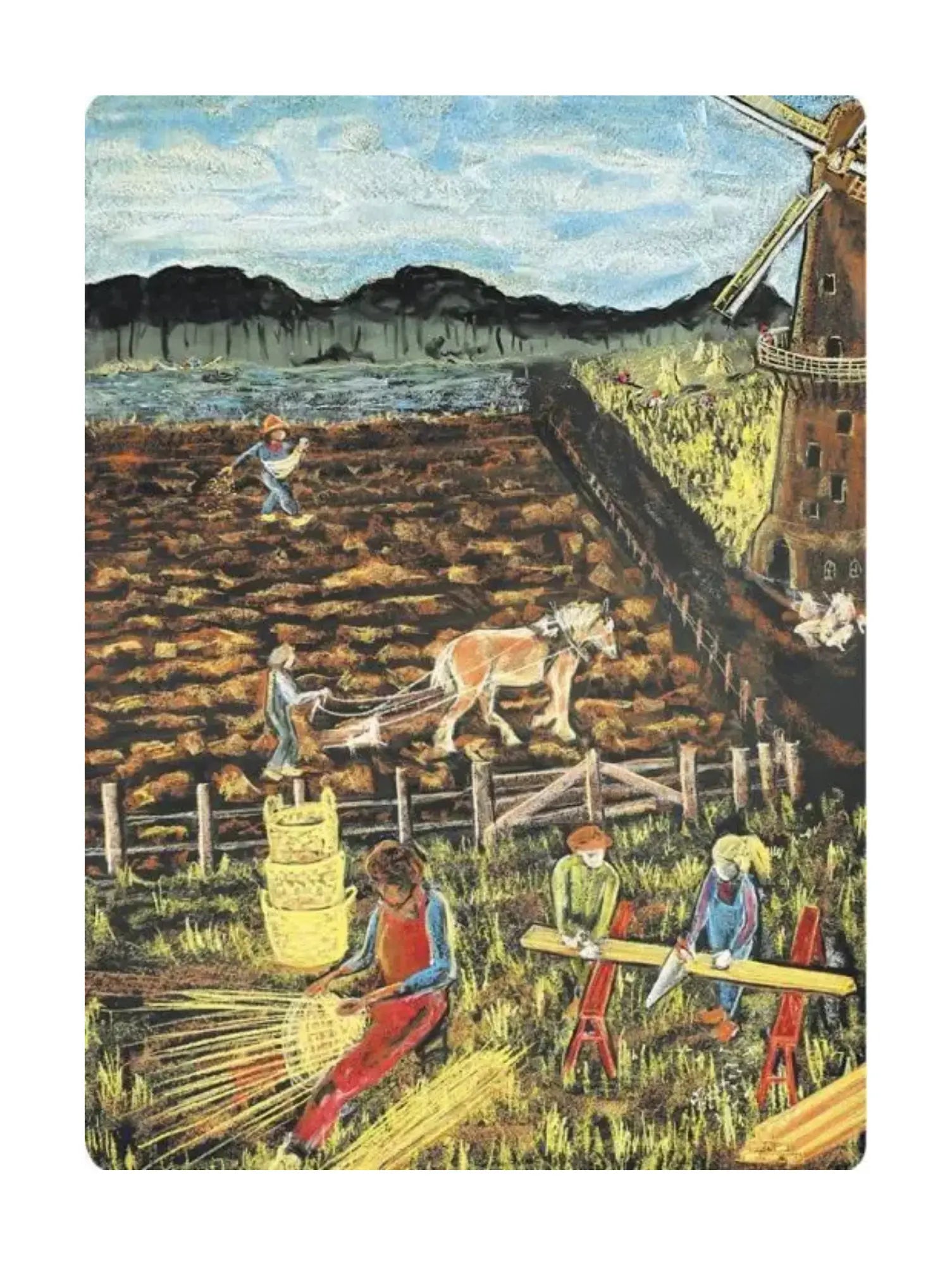 Painting of a rural scene with people working in a field and a windmill in the background.