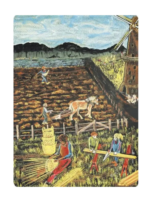Painting of a rural scene with people working in a field and a windmill in the background.